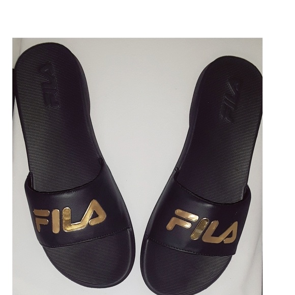 fila sandals black and gold